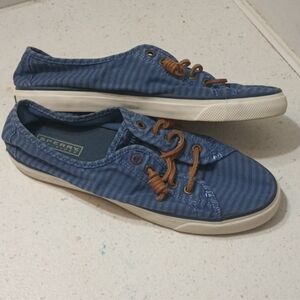 Sperry Women's Blue Striped Flats with Brown Laces